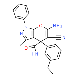 ChemSpider 2D Image | 6'-Amino-7-ethyl-3'-methyl-2-oxo-1'-phenyl-1,2-dihydro-1'H-spiro[indole-3,4'-pyrano[2,3-c]pyrazole]-5'-carbonitrile | C23H19N5O2