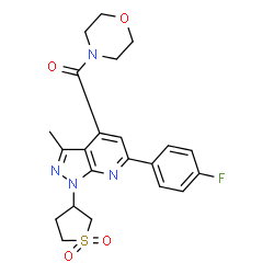 ChemSpider 2D Image | [1-(1,1-Dioxidotetrahydro-3-thiophenyl)-6-(4-fluorophenyl)-3-methyl-1H-pyrazolo[3,4-b]pyridin-4-yl](4-morpholinyl)methanone | C22H23FN4O4S