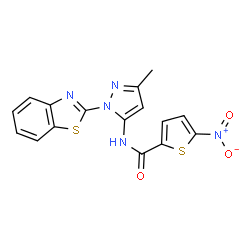 ChemSpider 2D Image | N-[1-(1,3-Benzothiazol-2-yl)-3-methyl-1H-pyrazol-5-yl]-5-nitro-2-thiophenecarboxamide | C16H11N5O3S2