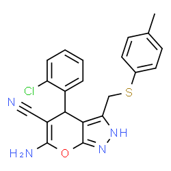 ChemSpider 2D Image | 6-Amino-4-(2-chlorophenyl)-3-{[(4-methylphenyl)sulfanyl]methyl}-2,4-dihydropyrano[2,3-c]pyrazole-5-carbonitrile | C21H17ClN4OS