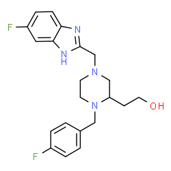 ChemSpider 2D Image | 2-{4-[(5-Fluoro-1H-benzimidazol-2-yl)methyl]-1-(4-fluorobenzyl)-2-piperazinyl}ethanol | C21H24F2N4O