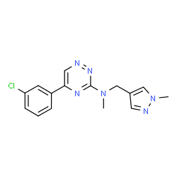 ChemSpider 2D Image | 5-(3-Chlorophenyl)-N-methyl-N-[(1-methyl-1H-pyrazol-4-yl)methyl]-1,2,4-triazin-3-amine | C15H15ClN6