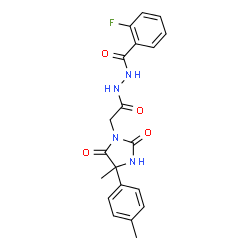ChemSpider 2D Image | 2-Fluoro-N'-{[4-methyl-4-(4-methylphenyl)-2,5-dioxo-1-imidazolidinyl]acetyl}benzohydrazide | C20H19FN4O4