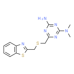 ChemSpider 2D Image | 6-{[(1,3-Benzothiazol-2-ylmethyl)sulfanyl]methyl}-N,N-dimethyl-1,3,5-triazine-2,4-diamine | C14H16N6S2