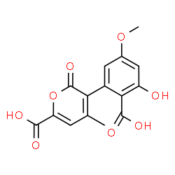 ChemSpider 2D Image | 3-(2-Carboxy-3-hydroxy-5-methoxyphenyl)-4-methyl-2-oxo-2H-pyran-6-carboxylic acid | C15H12O8