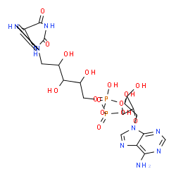 ChemSpider 2D Image | [5-(6-aminopurin-9-yl)-3,4-dihydroxy-tetrahydrofuran-2-yl]methyl [[5-(7,8-dimethyl-2,4-dioxo-1,4a,5,10a-tetrahydrobenzo[g]pteridin-10-yl)-2,3,4-trihydroxy-pentoxy]-hydroxy-phosphoryl] hydrogen phosphate | C27H37N9O15P2