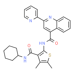 ChemSpider 2D Image | N-[3-(Cyclohexylcarbamoyl)-4,5-dimethyl-2-thienyl]-2-(2-pyridinyl)-4-quinolinecarboxamide | C28H28N4O2S