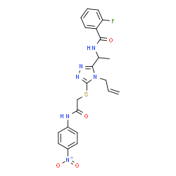 ChemSpider 2D Image | N-{1-[4-Allyl-5-({2-[(4-nitrophenyl)amino]-2-oxoethyl}sulfanyl)-4H-1,2,4-triazol-3-yl]ethyl}-2-fluorobenzamide | C22H21FN6O4S