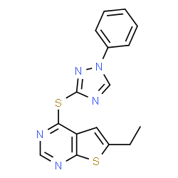 ChemSpider 2D Image | 6-Ethyl-4-[(1-phenyl-1H-1,2,4-triazol-3-yl)sulfanyl]thieno[2,3-d]pyrimidine | C16H13N5S2