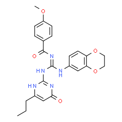 ChemSpider 2D Image | N-{(E)-(2,3-Dihydro-1,4-benzodioxin-6-ylamino)[(6-oxo-4-propyl-1,6-dihydropyrimidin-2-yl)amino]methylene}-4-methoxybenzamide | C24H25N5O5