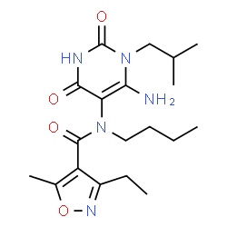 ChemSpider 2D Image | N-(6-Amino-1-isobutyl-2,4-dioxo-1,2,3,4-tetrahydro-5-pyrimidinyl)-N-butyl-3-ethyl-5-methyl-1,2-oxazole-4-carboxamide | C19H29N5O4