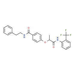 ChemSpider 2D Image | 4-[(1-Oxo-1-{[2-(trifluoromethyl)phenyl]amino}-2-propanyl)oxy]-N-(2-phenylethyl)benzamide | C25H23F3N2O3