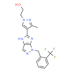 ChemSpider 2D Image | 2-(3-Methyl-4-{1-[2-(trifluoromethyl)benzyl]-1,4-dihydroimidazo[4,5-c]pyrazol-5-yl}-1H-pyrazol-1-yl)ethanol | C18H17F3N6O