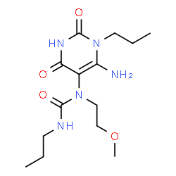 ChemSpider 2D Image | 1-(6-Amino-2,4-dioxo-1-propyl-1,2,3,4-tetrahydro-5-pyrimidinyl)-1-(2-methoxyethyl)-3-propylurea | C14H25N5O4