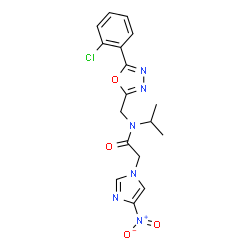 ChemSpider 2D Image | N-{[5-(2-Chlorophenyl)-1,3,4-oxadiazol-2-yl]methyl}-N-isopropyl-2-(4-nitro-1H-imidazol-1-yl)acetamide | C17H17ClN6O4