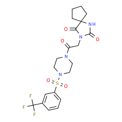 ChemSpider 2D Image | 3-[2-Oxo-2-(4-{[3-(trifluoromethyl)phenyl]sulfonyl}-1-piperazinyl)ethyl]-1,3-diazaspiro[4.4]nonane-2,4-dione | C20H23F3N4O5S