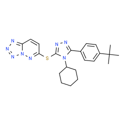 ChemSpider 2D Image | 6-({4-Cyclohexyl-5-[4-(2-methyl-2-propanyl)phenyl]-4H-1,2,4-triazol-3-yl}sulfanyl)tetrazolo[1,5-b]pyridazine | C22H26N8S