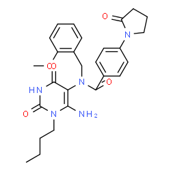ChemSpider 2D Image | N-(6-Amino-1-butyl-2,4-dioxo-1,2,3,4-tetrahydro-5-pyrimidinyl)-N-(2-methoxybenzyl)-4-(2-oxo-1-pyrrolidinyl)benzamide | C27H31N5O5