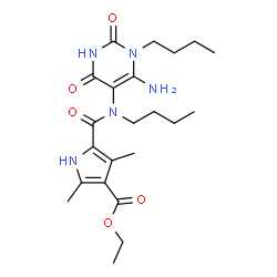 ChemSpider 2D Image | Ethyl 5-[(6-amino-1-butyl-2,4-dioxo-1,2,3,4-tetrahydro-5-pyrimidinyl)(butyl)carbamoyl]-2,4-dimethyl-1H-pyrrole-3-carboxylate | C22H33N5O5