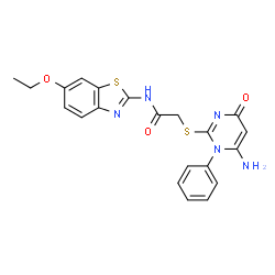 ChemSpider 2D Image | 2-[(6-amino-4-oxo-1-phenylpyrimidin-2-yl)sulfanyl]-N-(6-ethoxy-1,3-benzothiazol-2-yl)acetamide | C21H19N5O3S2