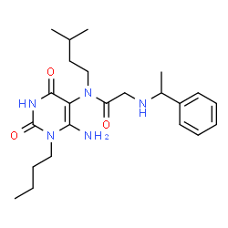 ChemSpider 2D Image | N-(6-Amino-1-butyl-2,4-dioxo-1,2,3,4-tetrahydro-5-pyrimidinyl)-N-(3-methylbutyl)-N~2~-(1-phenylethyl)glycinamide | C23H35N5O3