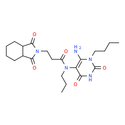 ChemSpider 2D Image | N-(6-Amino-1-butyl-2,4-dioxo-1,2,3,4-tetrahydro-5-pyrimidinyl)-3-(1,3-dioxooctahydro-2H-isoindol-2-yl)-N-propylpropanamide | C22H33N5O5