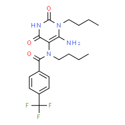 ChemSpider 2D Image | N-(6-Amino-1-butyl-2,4-dioxo-1,2,3,4-tetrahydro-5-pyrimidinyl)-N-butyl-4-(trifluoromethyl)benzamide | C20H25F3N4O3