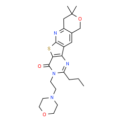 ChemSpider 2D Image | 8,8-Dimethyl-3-[2-(4-morpholinyl)ethyl]-2-propyl-7,10-dihydro-8H-pyrano[3'',4'':5',6']pyrido[3',2':4,5]thieno[3,2-d]pyrimidin-4(3H)-one | C23H30N4O3S