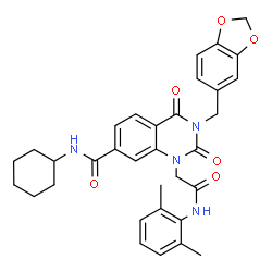 ChemSpider 2D Image | 3-(1,3-Benzodioxol-5-ylmethyl)-N-cyclohexyl-1-{2-[(2,6-dimethylphenyl)amino]-2-oxoethyl}-2,4-dioxo-1,2,3,4-tetrahydro-7-quinazolinecarboxamide | C33H34N4O6