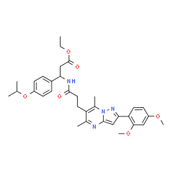 ChemSpider 2D Image | Ethyl 3-({3-[2-(2,4-dimethoxyphenyl)-5,7-dimethylpyrazolo[1,5-a]pyrimidin-6-yl]propanoyl}amino)-3-(4-isopropoxyphenyl)propanoate | C33H40N4O6