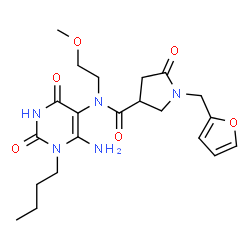 ChemSpider 2D Image | N-(6-Amino-1-butyl-2,4-dioxo-1,2,3,4-tetrahydro-5-pyrimidinyl)-1-(2-furylmethyl)-N-(2-methoxyethyl)-5-oxo-3-pyrrolidinecarboxamide | C21H29N5O6