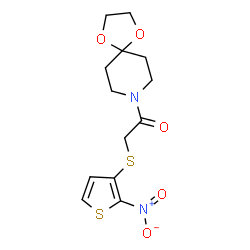 ChemSpider 2D Image | 1-(1,4-Dioxa-8-azaspiro[4.5]dec-8-yl)-2-[(2-nitro-3-thienyl)sulfanyl]ethanone | C13H16N2O5S2