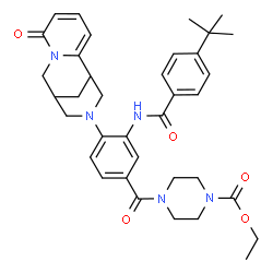 ChemSpider 2D Image | Ethyl 4-[3-{[4-(2-methyl-2-propanyl)benzoyl]amino}-4-(6-oxo-7,11-diazatricyclo[7.3.1.0~2,7~]trideca-2,4-dien-11-yl)benzoyl]-1-piperazinecarboxylate | C36H43N5O5