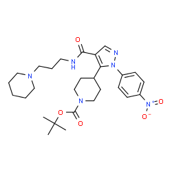 ChemSpider 2D Image | 2-Methyl-2-propanyl 4-[1-(4-nitrophenyl)-4-{[3-(1-piperidinyl)propyl]carbamoyl}-1H-pyrazol-5-yl]-1-piperidinecarboxylate | C28H40N6O5