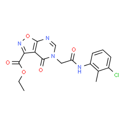 ChemSpider 2D Image | Ethyl 5-{2-[(3-chloro-2-methylphenyl)amino]-2-oxoethyl}-4-oxo-4,5-dihydro[1,2]oxazolo[5,4-d]pyrimidine-3-carboxylate | C17H15ClN4O5