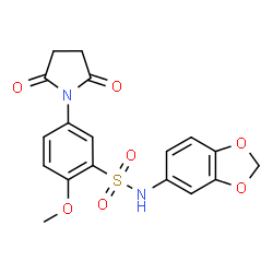 ChemSpider 2D Image | N-(1,3-Benzodioxol-5-yl)-5-(2,5-dioxo-1-pyrrolidinyl)-2-methoxybenzenesulfonamide | C18H16N2O7S