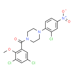ChemSpider 2D Image | [4-(2-Chloro-4-nitrophenyl)-1-piperazinyl](3,5-dichloro-2-methoxyphenyl)methanone | C18H16Cl3N3O4