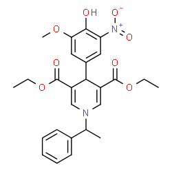 ChemSpider 2D Image | Diethyl 4-(4-hydroxy-3-methoxy-5-nitrophenyl)-1-(1-phenylethyl)-1,4-dihydro-3,5-pyridinedicarboxylate | C26H28N2O8