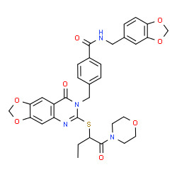 ChemSpider 2D Image | N-(1,3-Benzodioxol-5-ylmethyl)-4-{[6-{[1-(4-morpholinyl)-1-oxo-2-butanyl]sulfanyl}-8-oxo[1,3]dioxolo[4,5-g]quinazolin-7(8H)-yl]methyl}benzamide | C33H32N4O8S