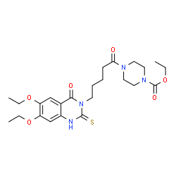 ChemSpider 2D Image | Ethyl 4-[5-(6,7-diethoxy-4-oxo-2-thioxo-1,4-dihydro-3(2H)-quinazolinyl)pentanoyl]-1-piperazinecarboxylate | C24H34N4O6S