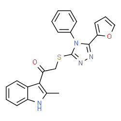 ChemSpider 2D Image | 2-{[5-(2-Furyl)-4-phenyl-4H-1,2,4-triazol-3-yl]sulfanyl}-1-(2-methyl-1H-indol-3-yl)ethanone | C23H18N4O2S