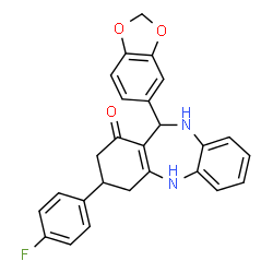 ChemSpider 2D Image | 11-(1,3-Benzodioxol-5-yl)-3-(4-fluorophenyl)-2,3,4,5,10,11-hexahydro-1H-dibenzo[b,e][1,4]diazepin-1-one | C26H21FN2O3