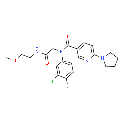 ChemSpider 2D Image | N-(3-Chloro-4-fluorophenyl)-N-{2-[(2-methoxyethyl)amino]-2-oxoethyl}-6-(1-pyrrolidinyl)nicotinamide | C21H24ClFN4O3