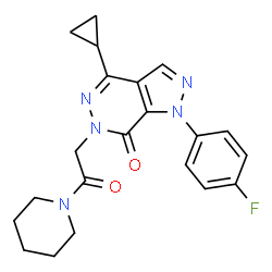 ChemSpider 2D Image | 4-Cyclopropyl-1-(4-fluorophenyl)-6-[2-oxo-2-(1-piperidinyl)ethyl]-1,6-dihydro-7H-pyrazolo[3,4-d]pyridazin-7-one | C21H22FN5O2