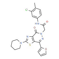 ChemSpider 2D Image | N-(3-Chloro-4-methylphenyl)-2-[7-(2-furyl)-4-oxo-2-(1-piperidinyl)[1,3]thiazolo[4,5-d]pyridazin-5(4H)-yl]acetamide | C23H22ClN5O3S