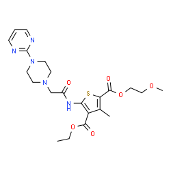 ChemSpider 2D Image | 4-Ethyl 2-(2-methoxyethyl) 3-methyl-5-({[4-(2-pyrimidinyl)-1-piperazinyl]acetyl}amino)-2,4-thiophenedicarboxylate | C22H29N5O6S