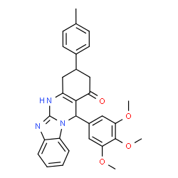 ChemSpider 2D Image | 3-(4-Methylphenyl)-12-(3,4,5-trimethoxyphenyl)-3,4,5,12-tetrahydrobenzimidazo[2,1-b]quinazolin-1(2H)-one | C30H29N3O4