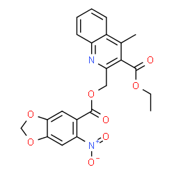 ChemSpider 2D Image | Ethyl 4-methyl-2-({[(6-nitro-1,3-benzodioxol-5-yl)carbonyl]oxy}methyl)-3-quinolinecarboxylate | C22H18N2O8