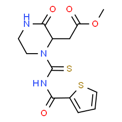 ChemSpider 2D Image | Methyl {3-oxo-1-[(2-thienylcarbonyl)carbamothioyl]-2-piperazinyl}acetate | C13H15N3O4S2