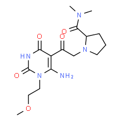 ChemSpider 2D Image | 1-{2-[6-Amino-1-(2-methoxyethyl)-2,4-dioxo-1,2,3,4-tetrahydro-5-pyrimidinyl]-2-oxoethyl}-N,N-dimethylprolinamide | C16H25N5O5